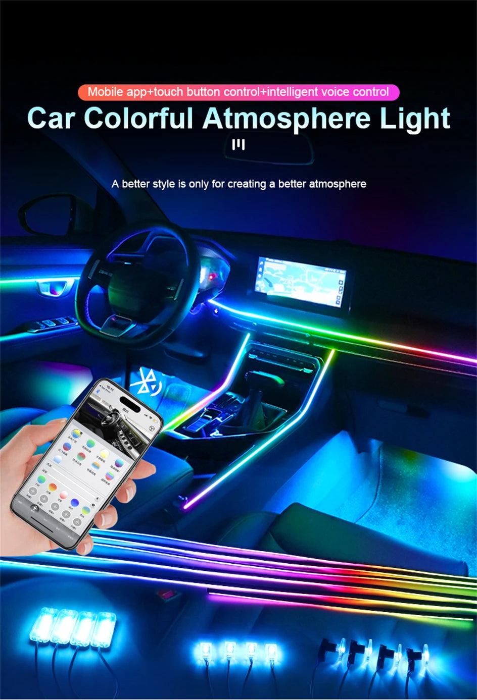 6/10/14/18 In 1 LED Dual Zone Symphony Streamer Car Ambient Light Interior RGB Neon Acrylic Strip Decoration Atmosphere Lamp 12V