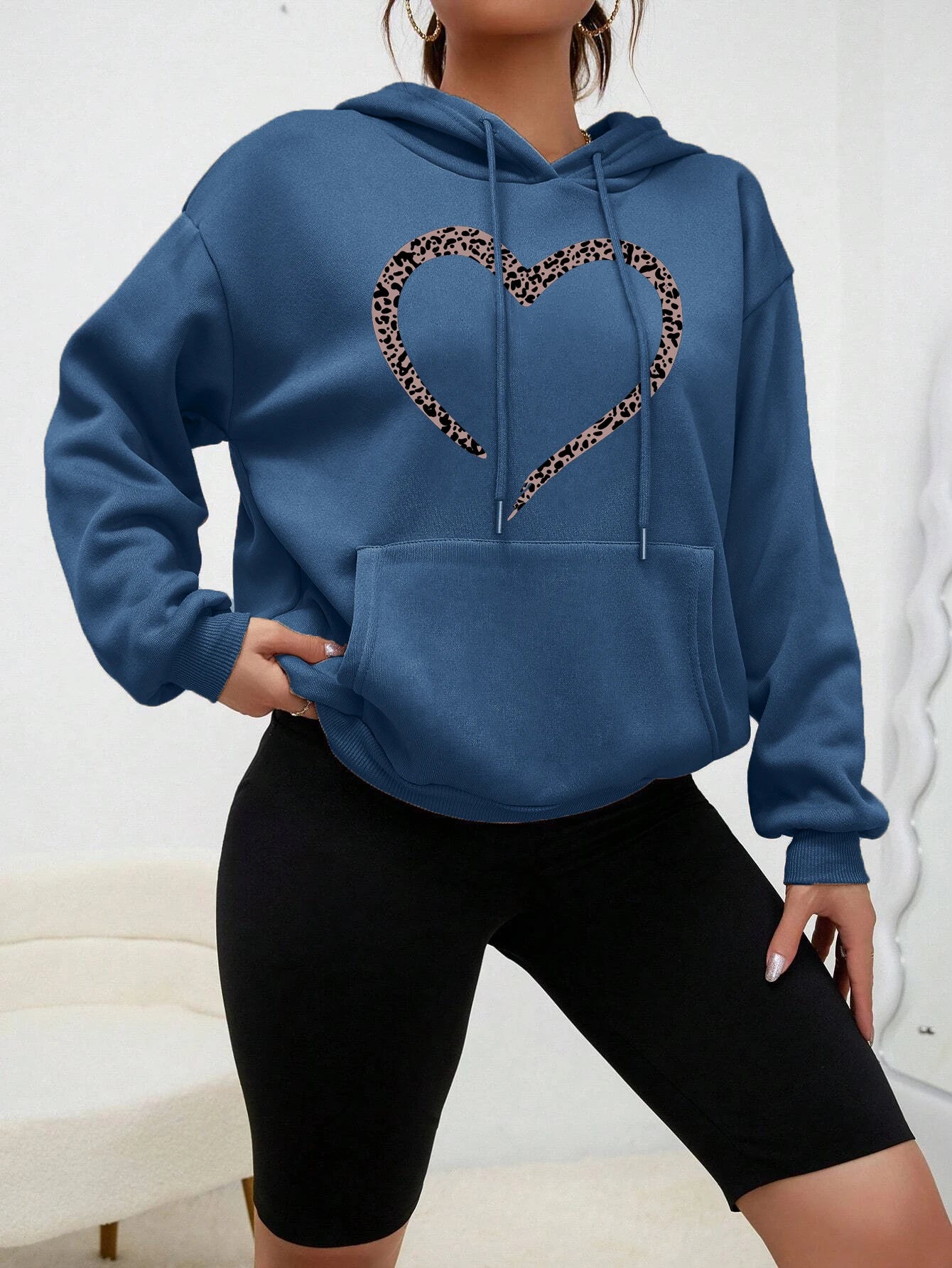Leopard Print Heart Printed Clothes Women Vintage Pocket Streetwear Hip Hop Autumn Hoodies All-Match Comfortable Female Pullover