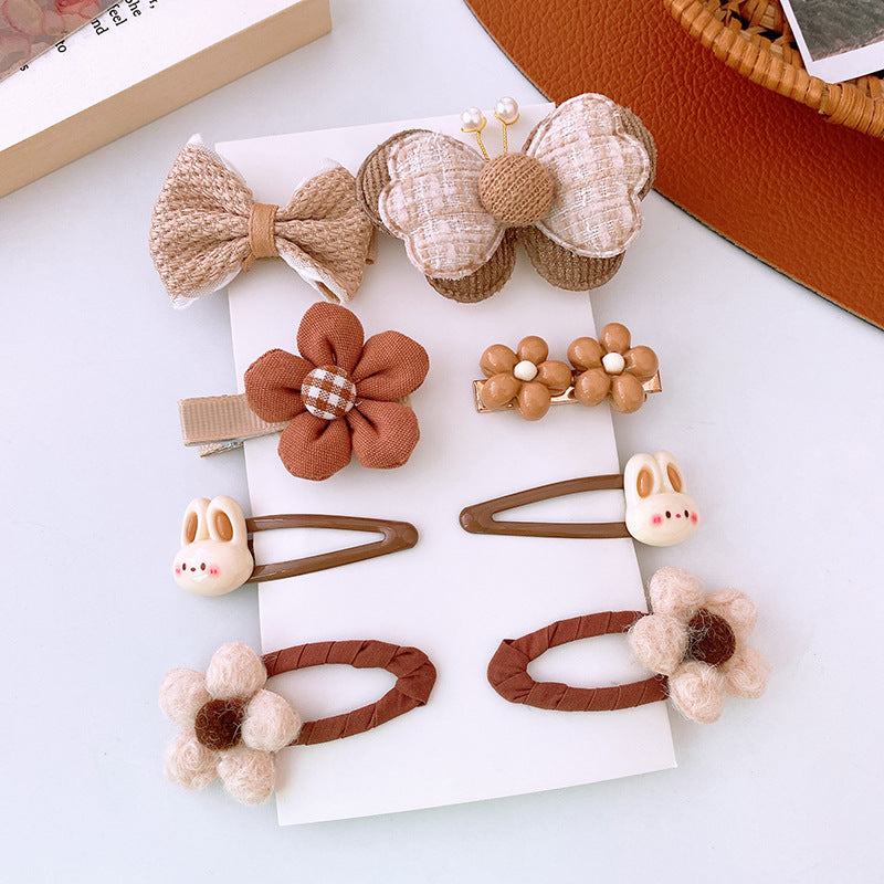 8pcs/set Sweet Girl Hair Clip Cartoon Bear Floral Bowknot Hair Pin for Toddler Girl Lovely Beige Coffee Color Kids Girl Headwear