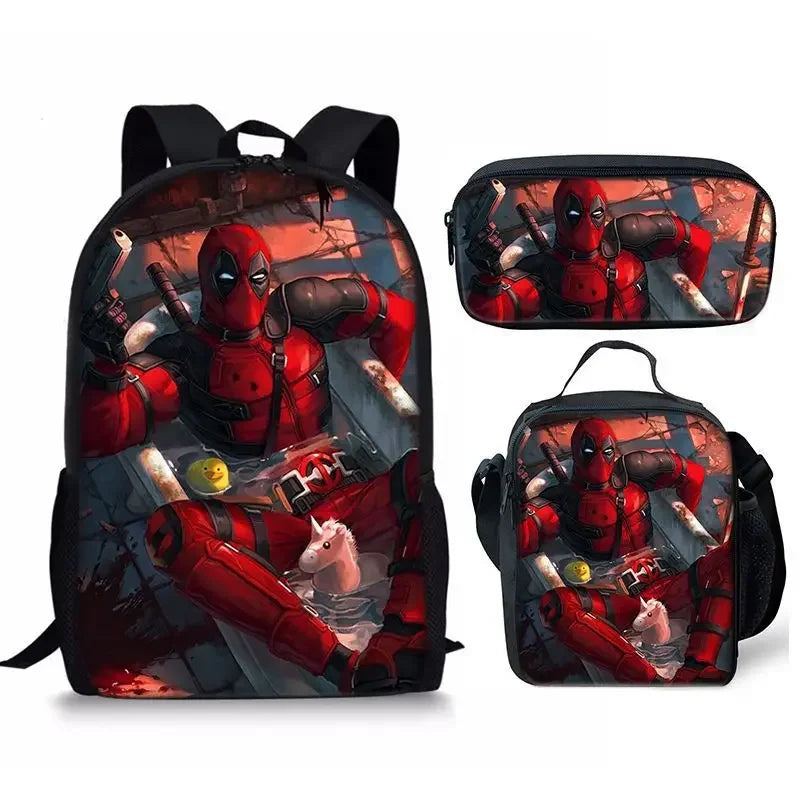 3Pcs Set Deadpools School Bags Pencil Cases Meal Bag Boys' Backpack Schools Supplies Learning Stationery Kids Customizable Gifts