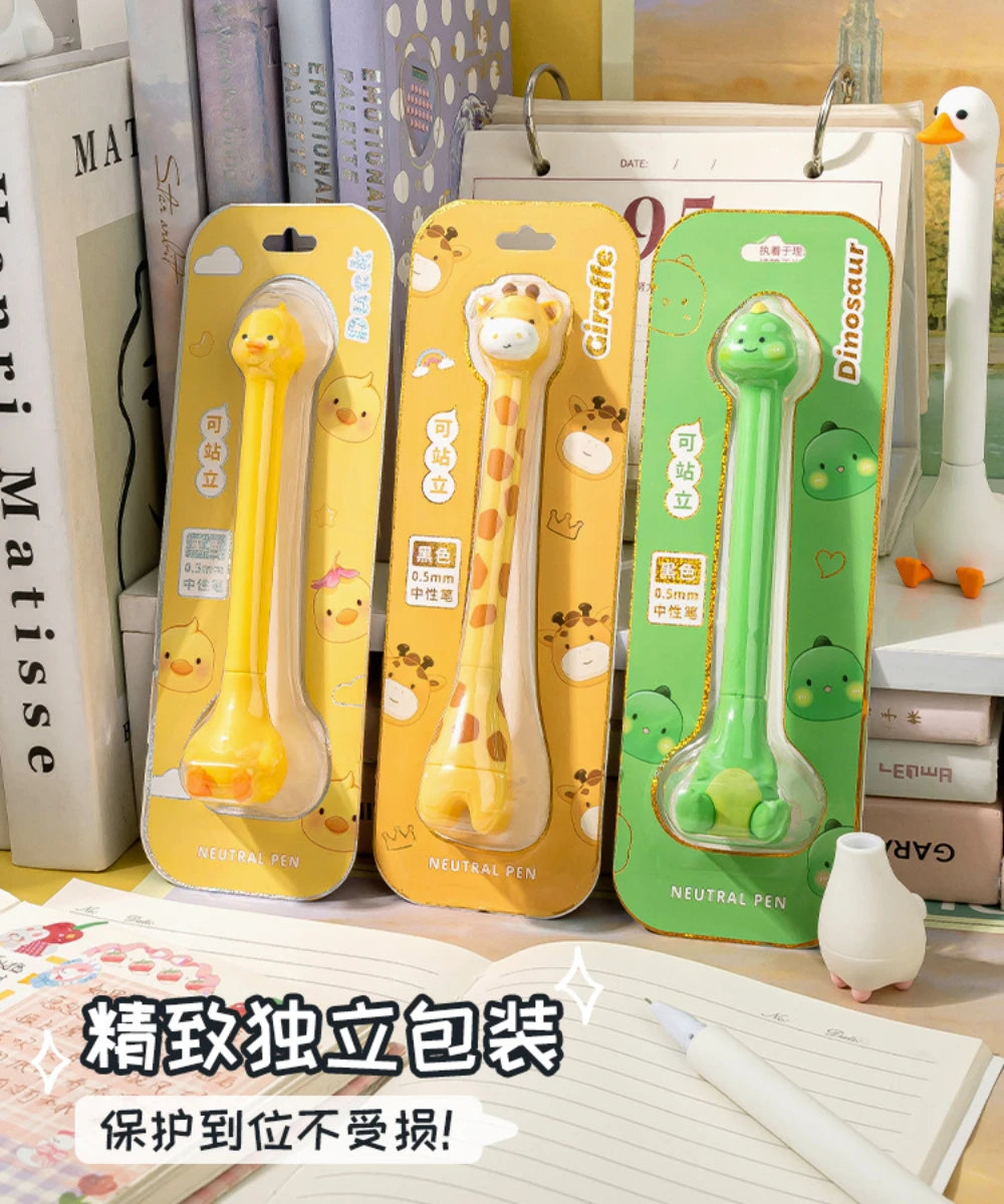 Creative Cartoon Animal Standing Gel Pen 0.5mm Black Gel Ink Pens Cute Giraffe Duck Student Quick Dry Writing Pen Kids Gift