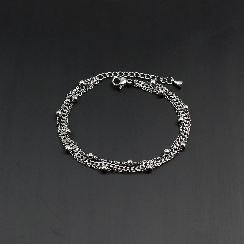 Quality Jewelry Classic Women Gift Waterproof Durable Non Fading Metal Stainless Steel Double Row Bead Chain Exquisite Bracelets