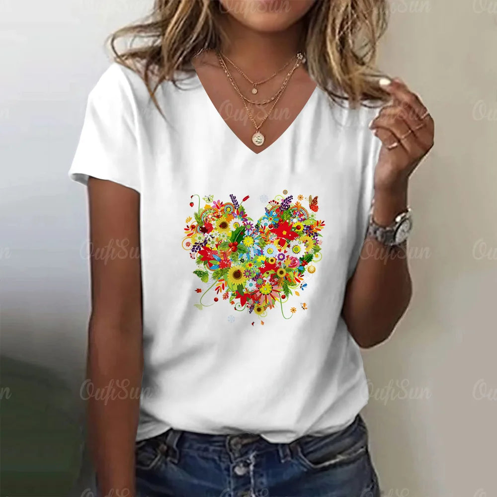 Fashion Women's T Shirt Love Print V-neck Female Short Sleeve Harajuku Tops Ladies T-shirts Oversized Tee Shirt Women Clothing
