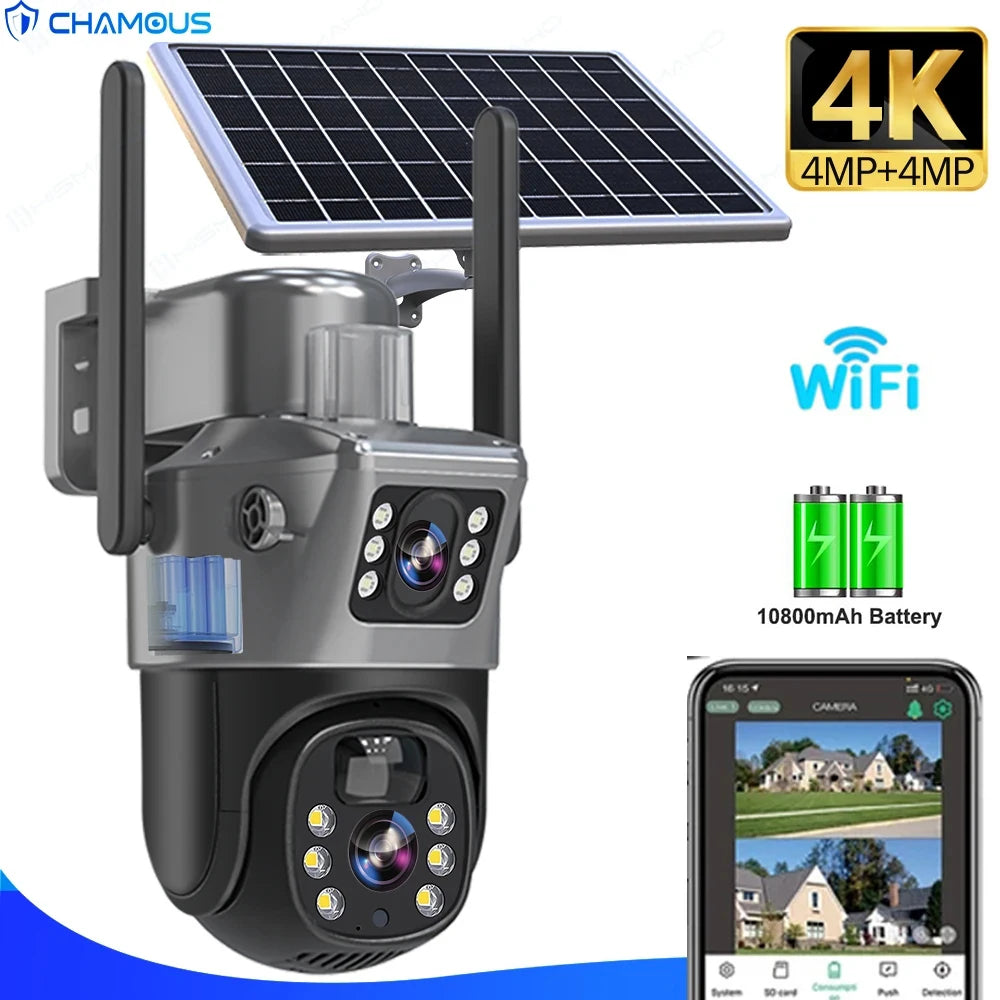 4K 8MP WiFi Solar Camera Outdoor Battery WiFi IP Cam Dual Lens Dual Screen Security-Protection Wireless Surveillance CCTV