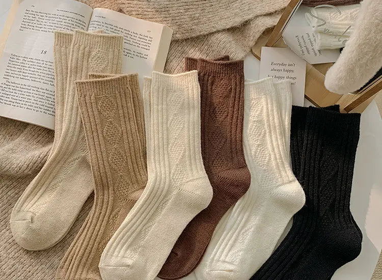 Autumn and Winter Diamond Check Wool Socks Coffee Color with Solid Color Women's Socks in The Tube Women's Warm Cotton Socks