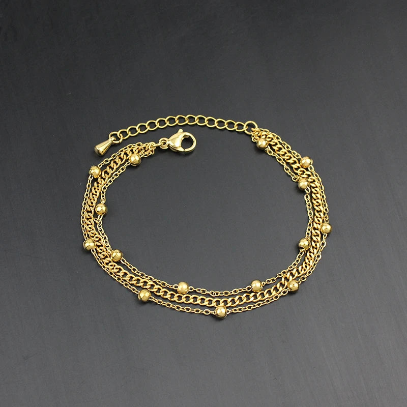 Quality Jewelry Classic Women Gift Waterproof Durable Non Fading Metal Stainless Steel Double Row Bead Chain Exquisite Bracelets