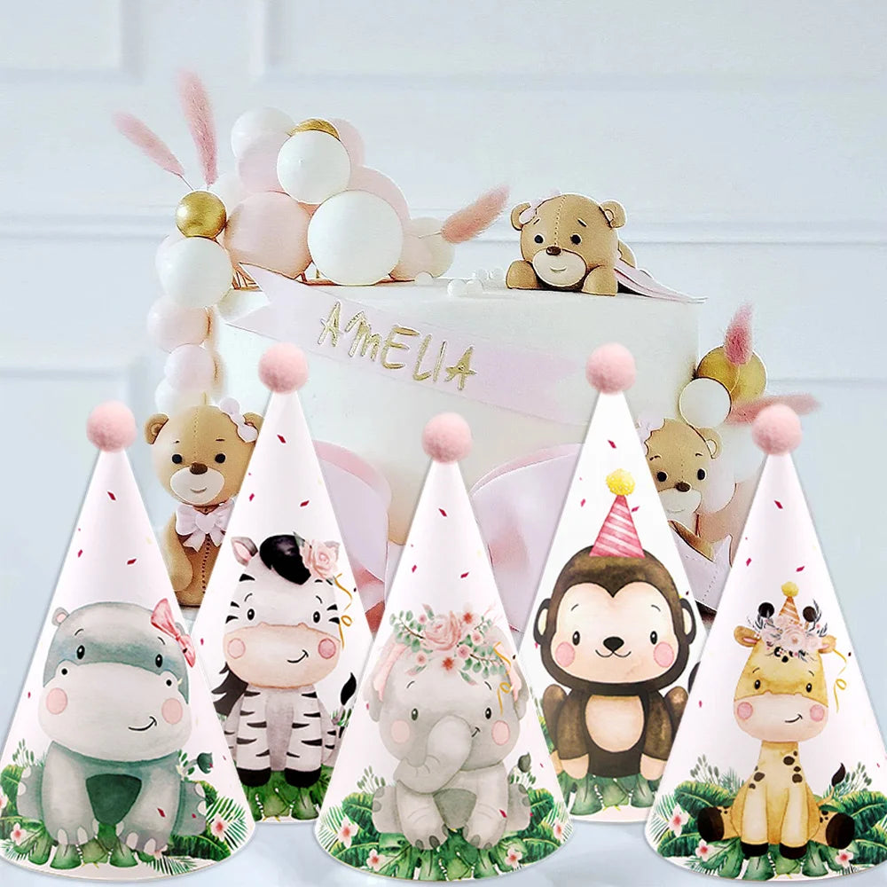 8pcs/set Carton Animal Paper Hat Tiger Lion Party Hats For Kids Jungle Safari Happy Birthday Decoration Baby Shower Supplies