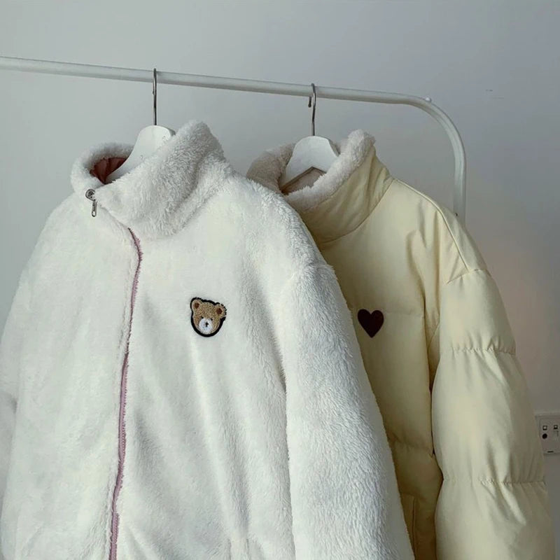JMPRS Cute Embroidery Women Parkas Coat Winter Thick Hairy Korean Loose Warm Jacket Double Sided Design Pink Student Clothes
