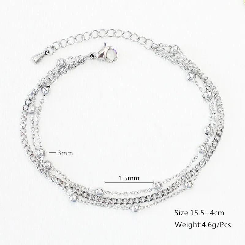Quality Jewelry Classic Women Gift Waterproof Durable Non Fading Metal Stainless Steel Double Row Bead Chain Exquisite Bracelets