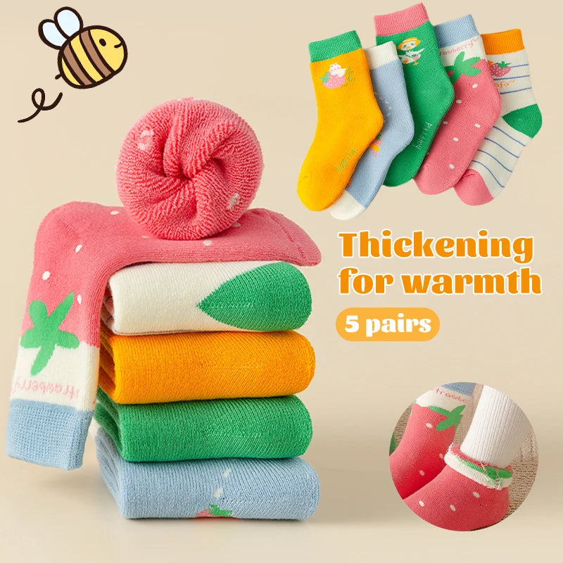 5Pairs 1-16Years Terry Socks for Children soft Breathable Thickened Fabric High Elasticity Strawberry Duck Socks and Baby Heater