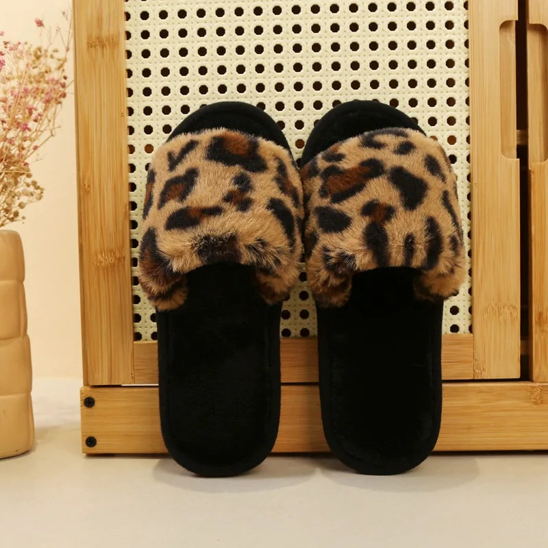 Hot Sale Leopard Living Room Shoes Women's Fur Flip Flops Home Plush Slippers Fashion Autumn Winter Indoor Warm EVA Anti Slip