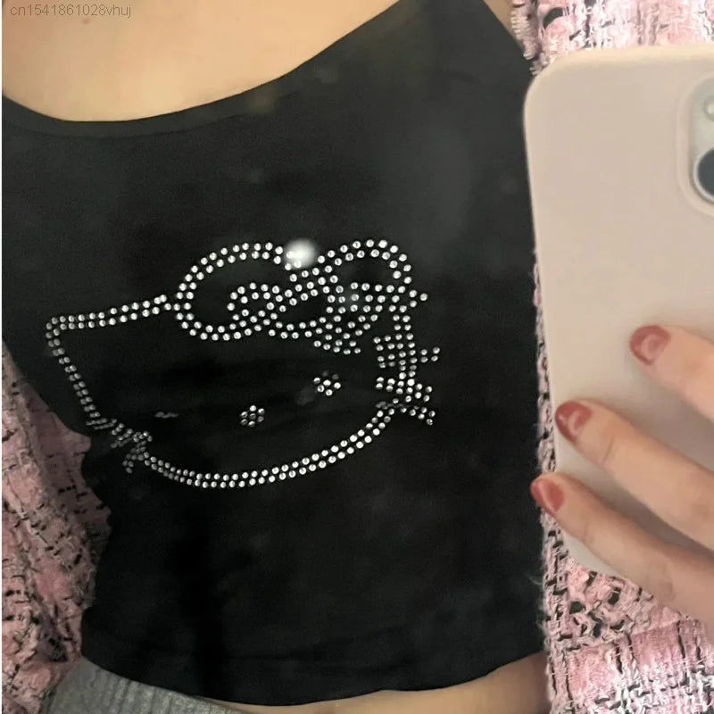Sanrio Hello Kitty Diamond Tank Top With Bra Sexy Fashion Gothic Aesthetic Crop Top Y 2k Girls New Summer Youthful Woman Clothes