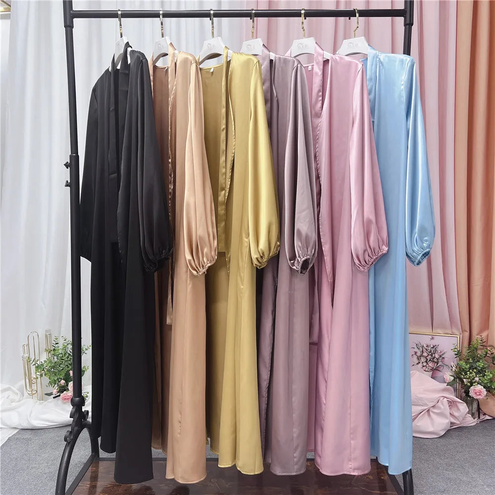 Ramadan Eid Fashion Silky Satin Muslim Abayas Robe Musulmane Abaya Cardigan Muslim Arab Worship Service Clothing Wy836