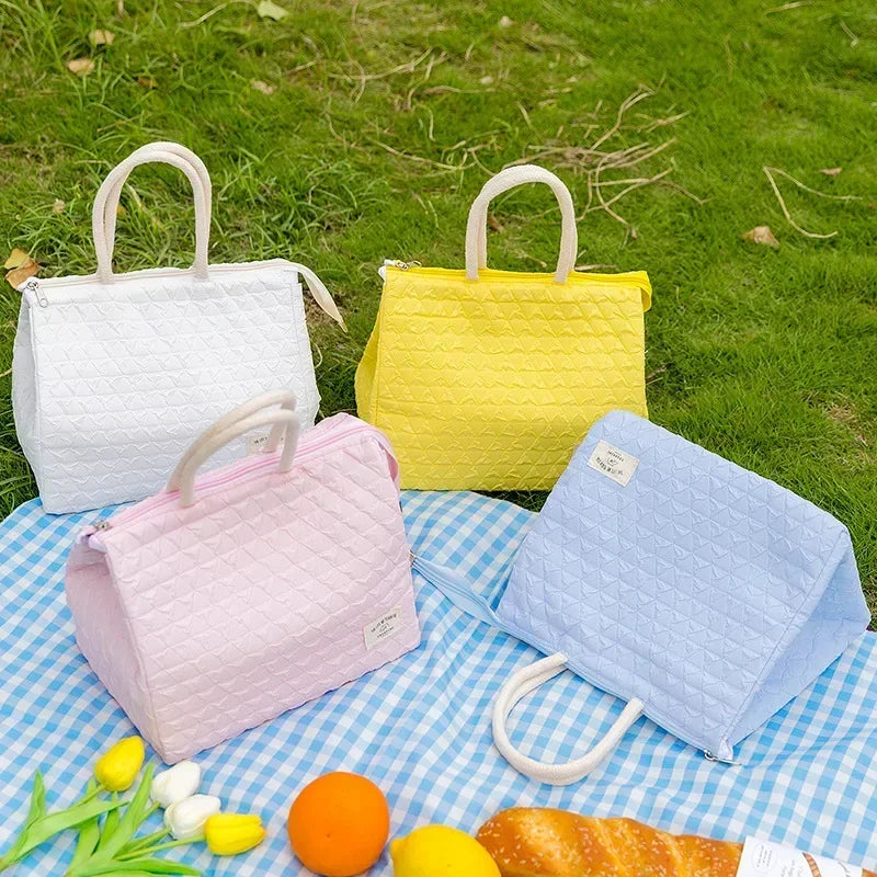 Solid Colour Women Waterproof Tote Bag Insulation Food Bag for Office Lunch Box Bag New Fashionable Simple Large Capacity