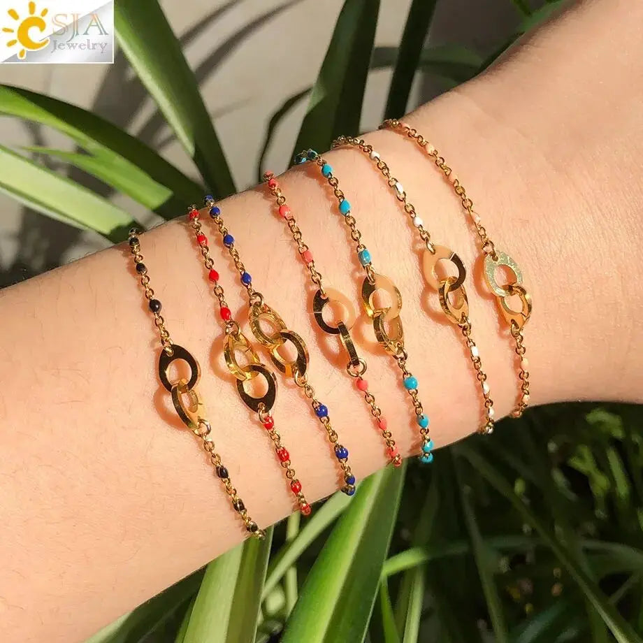 CSJA Fashion Thin Chain Stainless Steel Bracelet for Women Gold Color Cross Charm Enamel Bracelets Summer Jewelry Gift T100