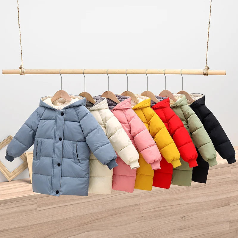 4-10 Years Boys Long Down Jackets Winter Kids Girls Thick Warm Hooded Outerwear Children Waistcoat Coat Fashion Casual Clothing