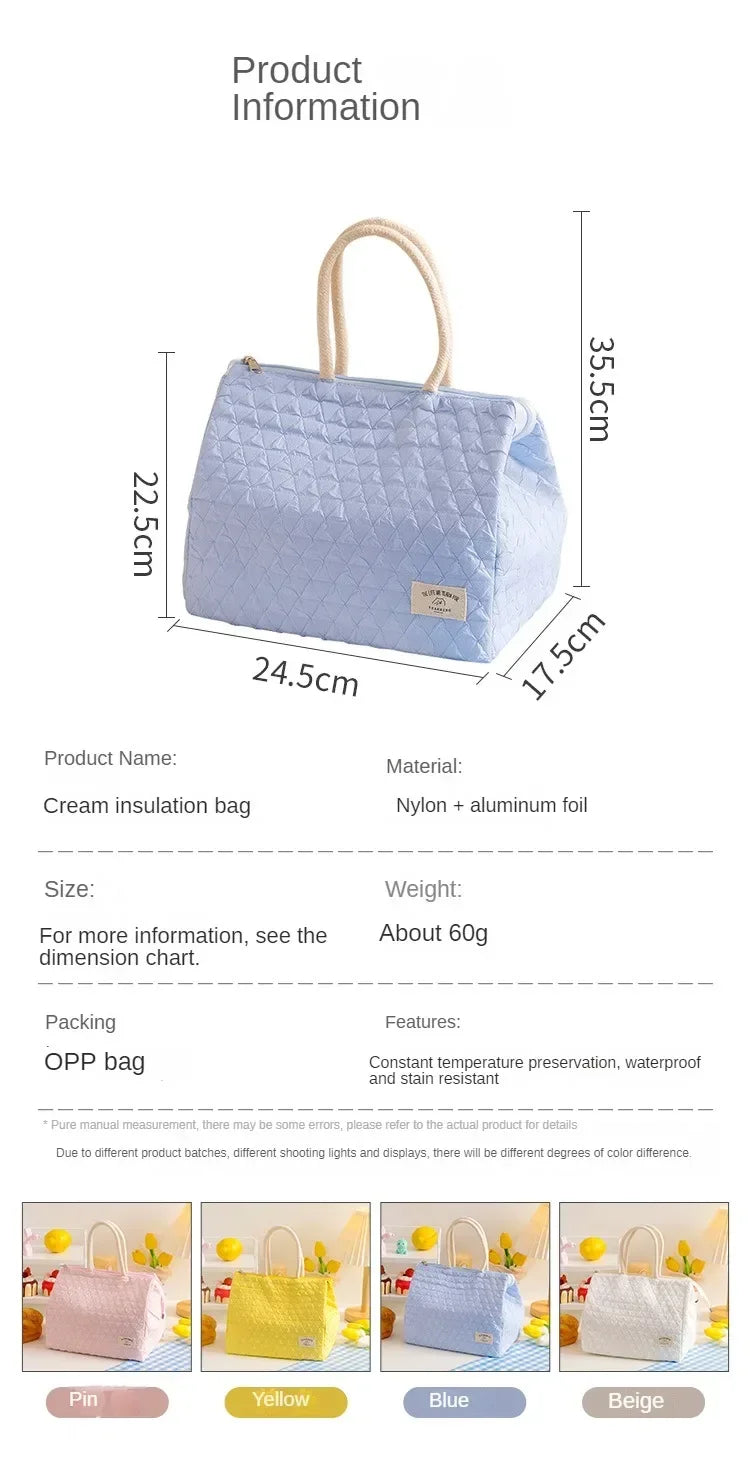 Solid Colour Women Waterproof Tote Bag Insulation Food Bag for Office Lunch Box Bag New Fashionable Simple Large Capacity