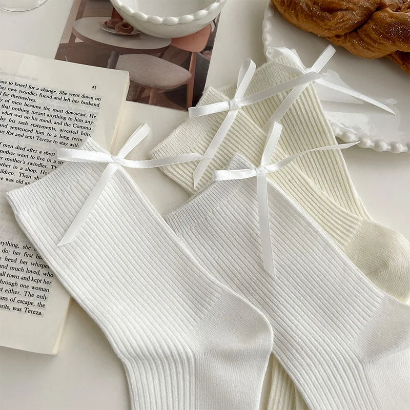 Japanese JK Sweet Bowknot Tied Middle Tube Socks Women Heel Bow Socks Casual Black White Pile Socks Girls Sports Cotton Socks