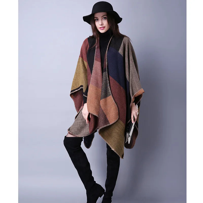 Thicken Winter Shawl Wraps Cape Women Fall Ponchos Plus Size Block Plaid Open Front Sweater Fleece Scarf Coat Holiday Outfits