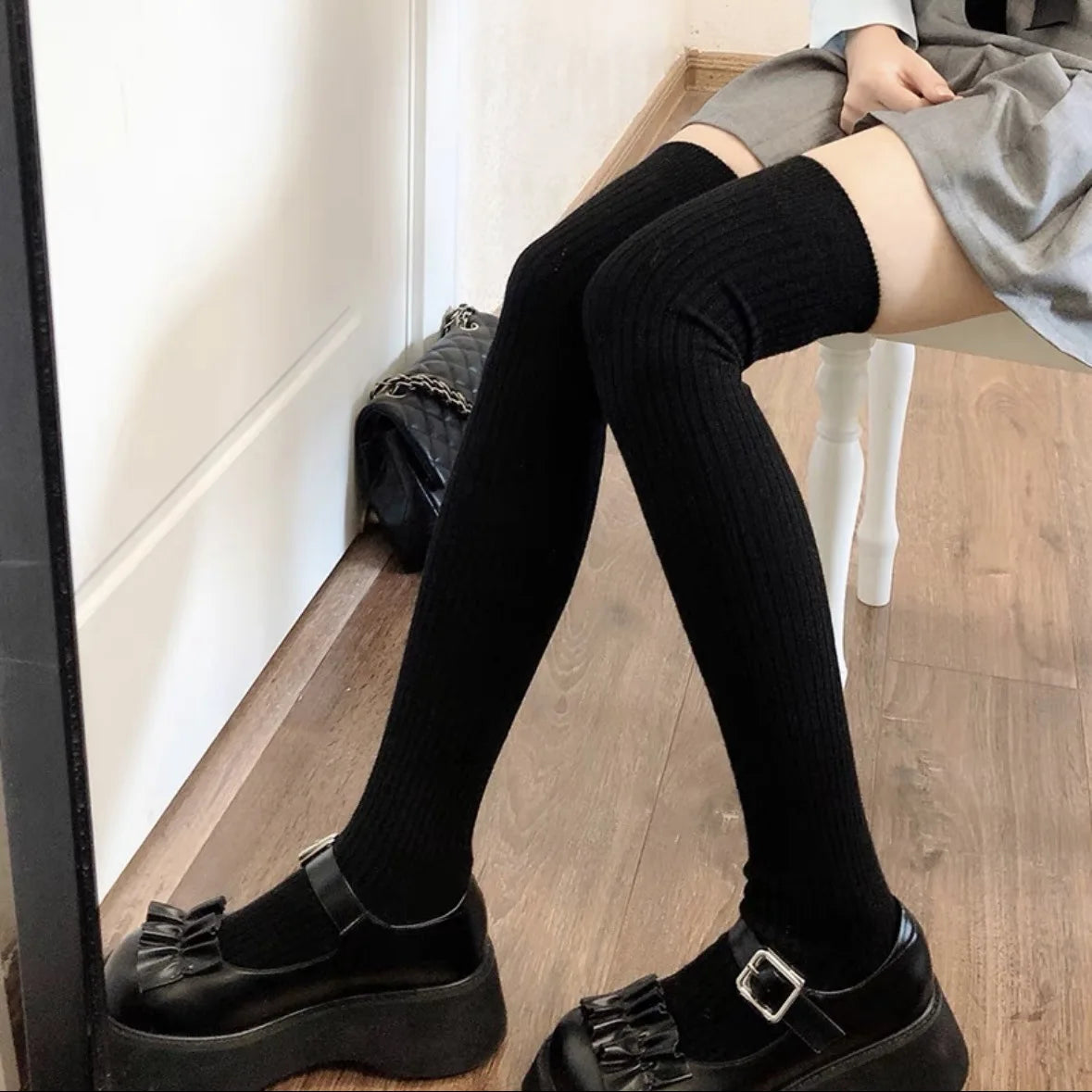 Autumn Winter Women's Stockings Girls Black White JK Lolita Long Tight Socks Vertical Stripes Cotton Over Knee Thigh High Socks