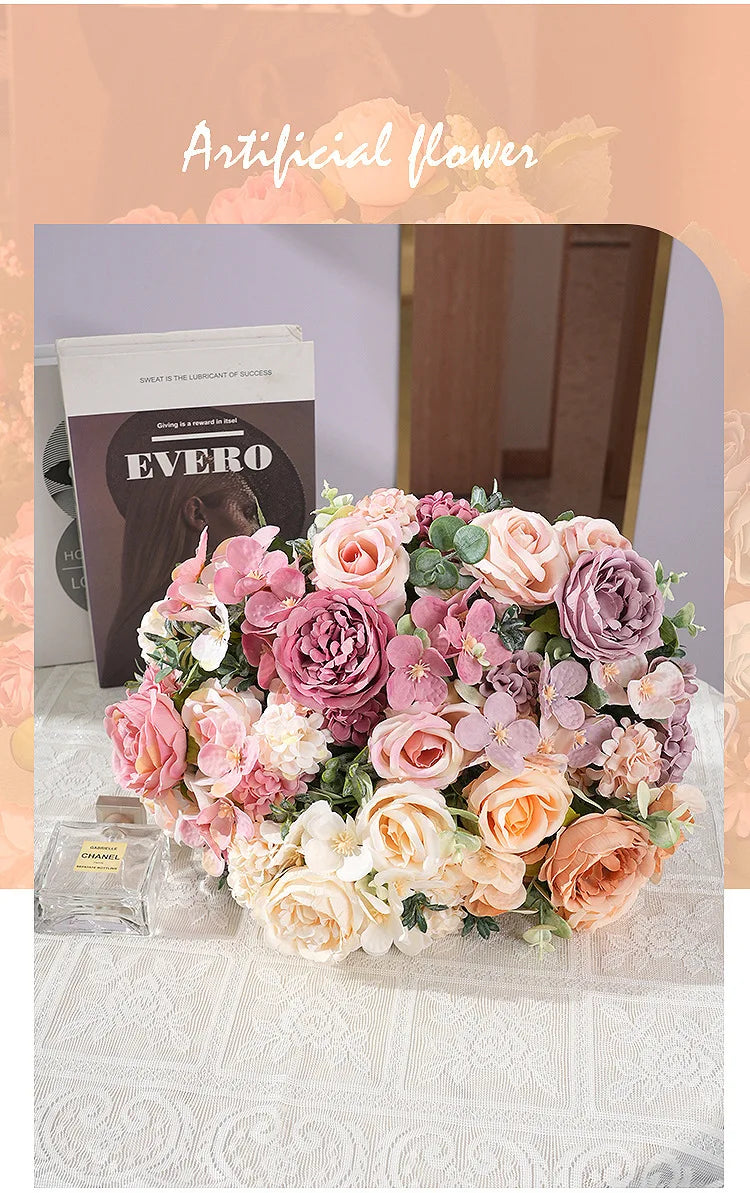 7 Heads Artificial Flowers Silk Peony Rose Hydrangea Bouquet Home Decorations Party Wedding Bride Fake Plants