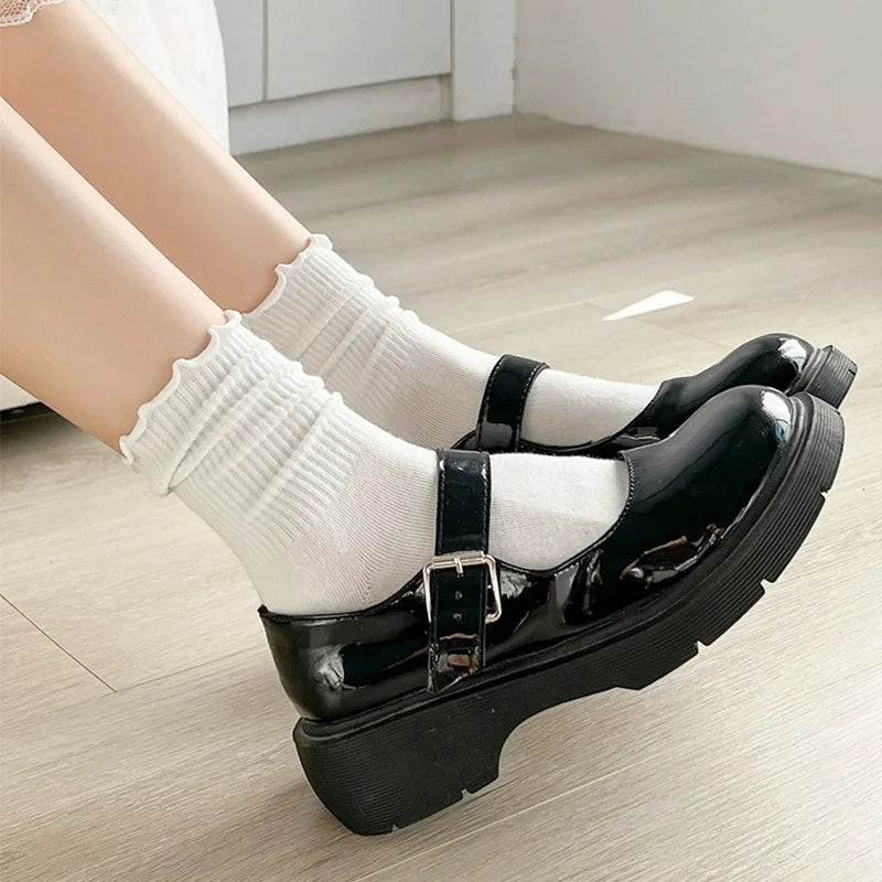 Ruffle Socks for Women 3pair /Lot Mid Crew Middles Tube Ankle High Breathable Black White Calcetines Female Spring Autumn Sock