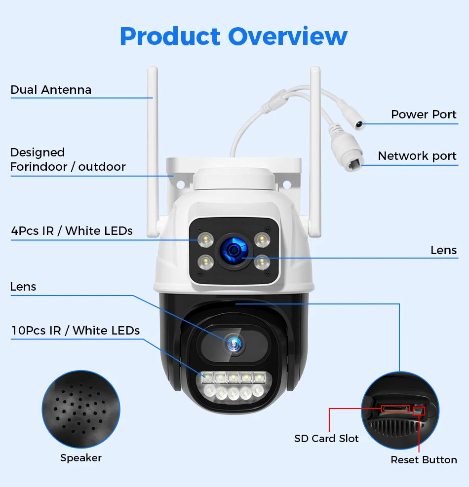 Hiseeu Wifi Surveillance Camera, Dual Lens, 4X Digital Zoom, AI Human Detect, ONVIF, Outdoor Security PTZ IP Cameras, 4K, 8MP