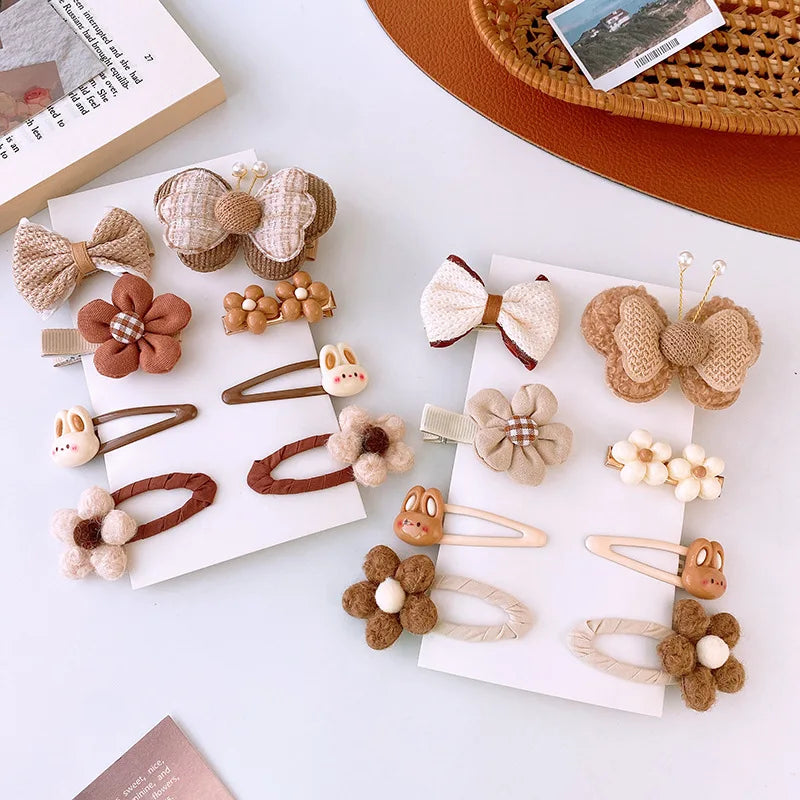 8pcs/set Sweet Girl Hair Clip Cartoon Bear Floral Bowknot Hair Pin for Toddler Girl Lovely Beige Coffee Color Kids Girl Headwear