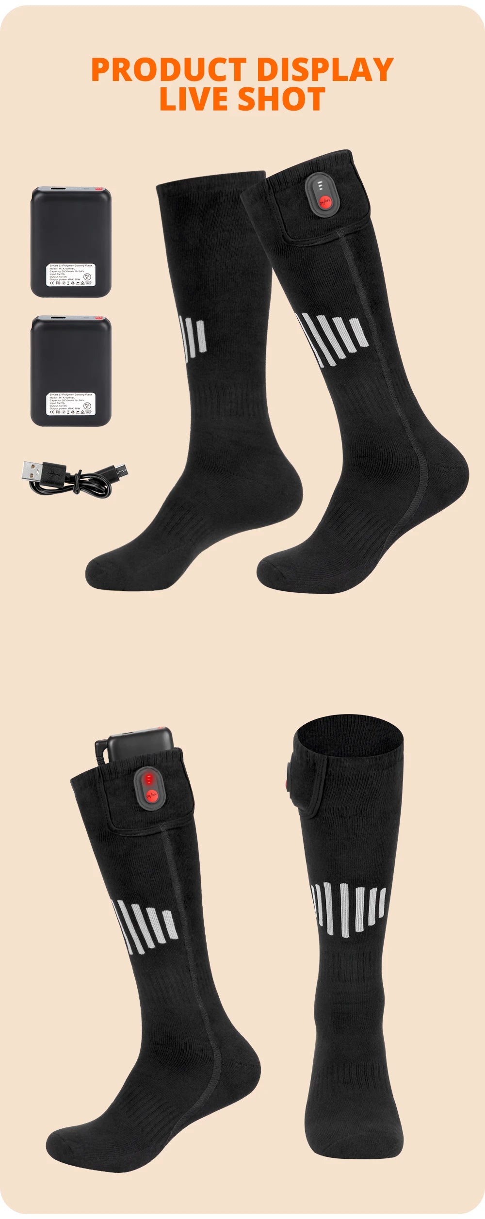 65℃ Heated Socks Winter Warmth 4000mAh USB Rechargeable Heating Socks Outdoor Ski Heated Boots Snowmobile Skiing Sock