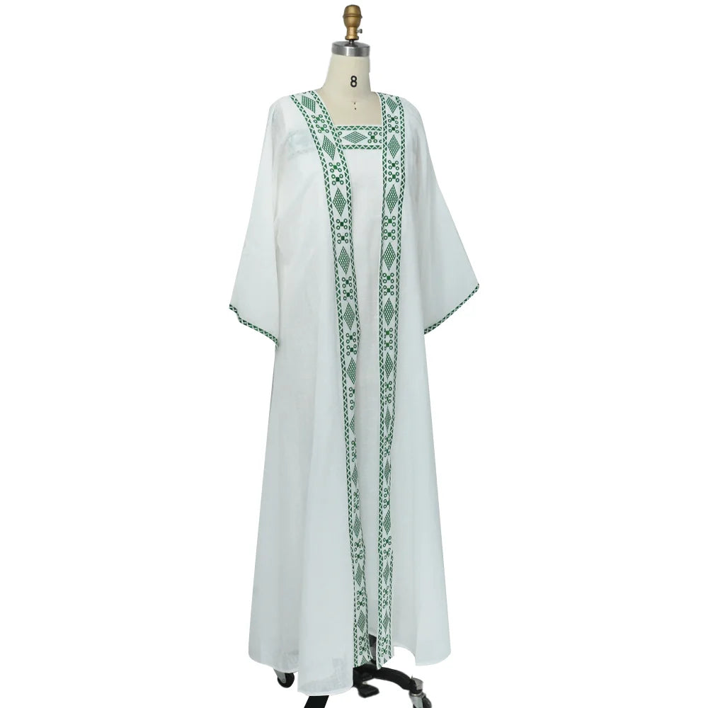 Elegant Embroidery Muslim Dress Ramadan Gurban Dubai Arab Two Piece Set Middle East Turkey Slash-Neck Fashion Abaya Clothing