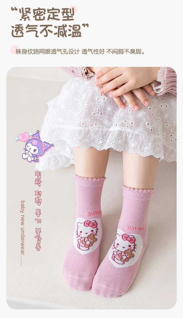 5 Pairs Sanrio Kids Socks Kuromi Kawaii New Fall Winter Cartoon Girl Children Mid-calf Socks Cotton Sock for Girls Gifts