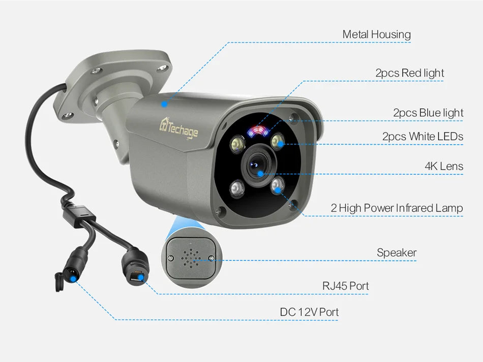 Techage 4MP 5MP 4K Security Metal POE IP Camera H.265 Outdoor Two Way Audio Video Surveillance AI IP Camera for NVR System