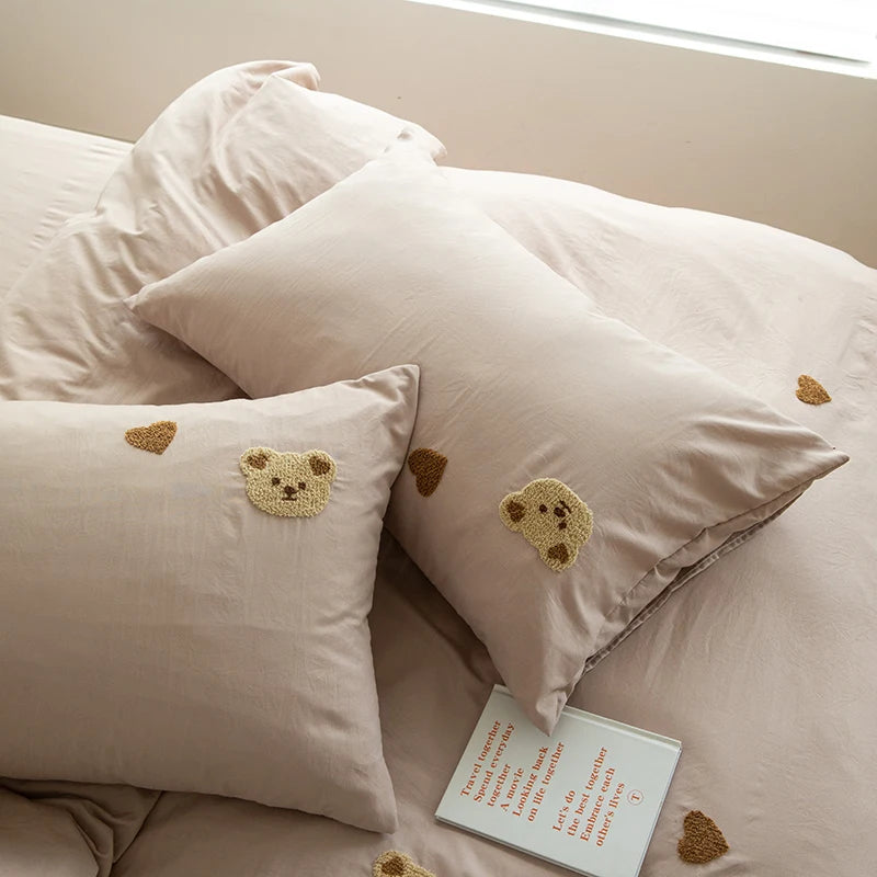 3PCS Baby Boys Bedding Set Bear Embroidered Cot Crib Bedding Set Cotton Korean Baby Bedding Duvet Cover+ Sheet+Pillowcase
