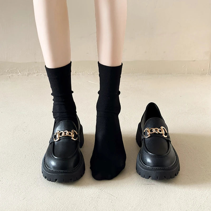 loafers Female Shoes Women Fashion Mary Janes Round Toe Flats Loafers Oxfords Platform Casual Metal Chain Buckle Ladies Heels