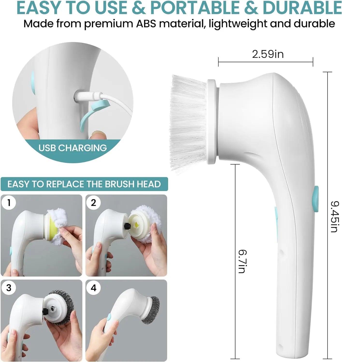 Electric Cordless Motorized Cleaning Brush and Five Interchangeable Brush-Heads,Handheld Power Shower Scrubber