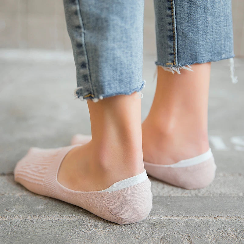 5 Pairs Women Cotton Low Cut Socks Solid Snowflake Softable Summer Silicone Non-slip Deep Mouth Prevent Heel Loss Slipper Socks