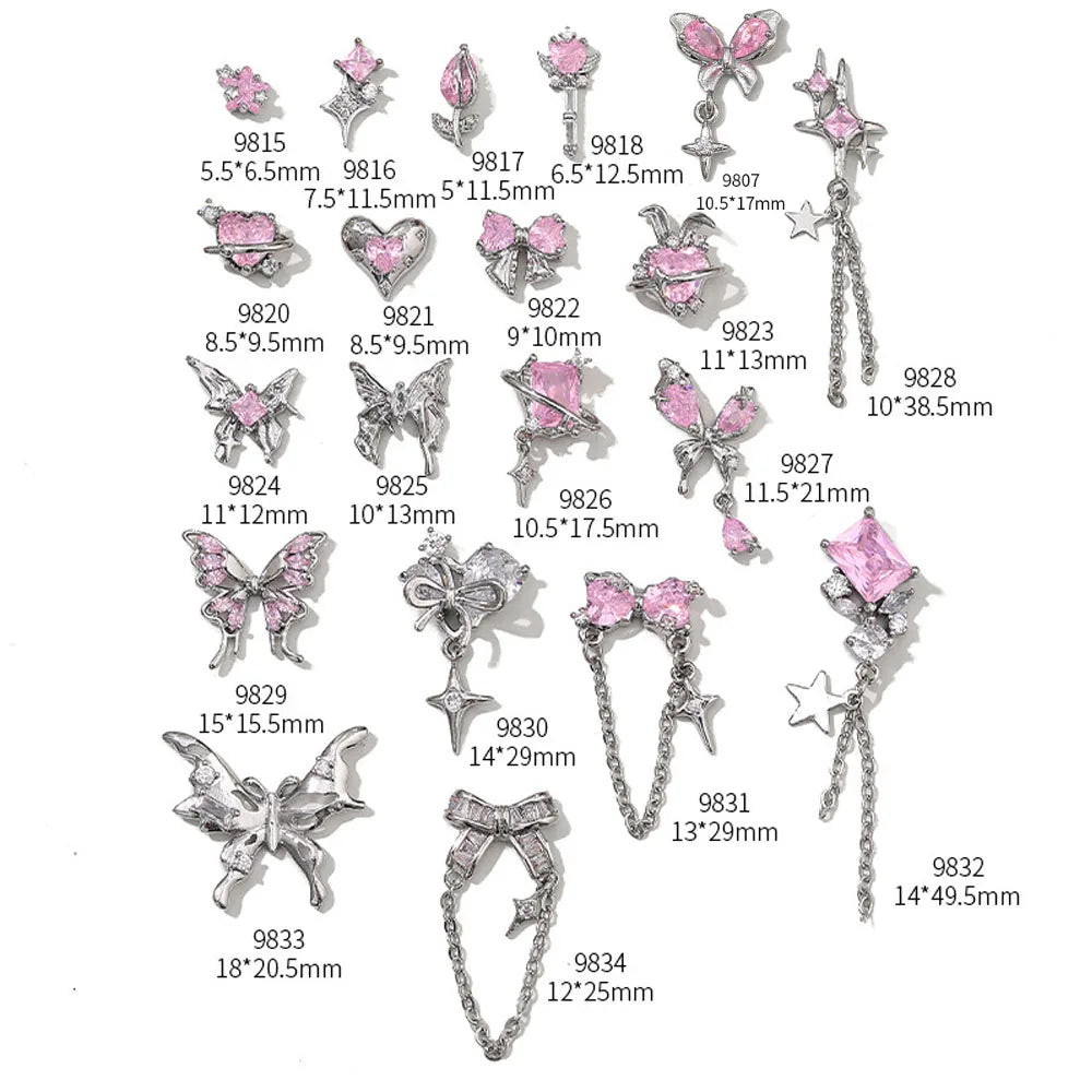 5 Pcs Zircon Pink Nail Charms Wholesale Luxury Diamond Inlaid 3D Bow Heart Butterfly Nail Charms Chain Manicure Accessories
