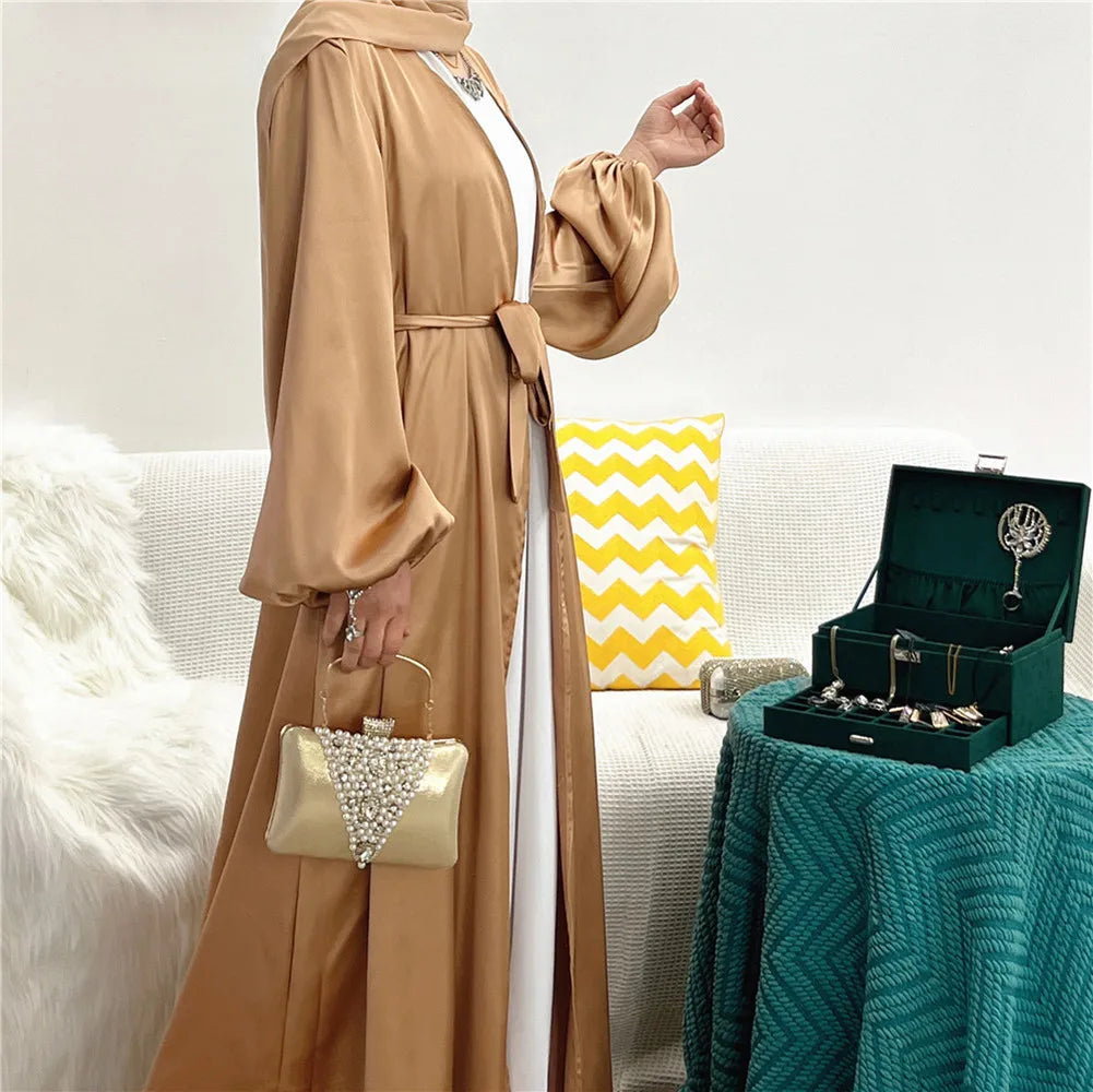 Ramadan Eid Fashion Silky Satin Muslim Abayas Robe Musulmane Abaya Cardigan Muslim Arab Worship Service Clothing Wy836