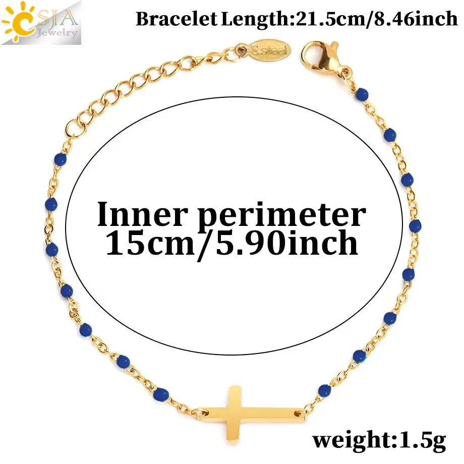 CSJA Fashion Thin Chain Stainless Steel Bracelet for Women Gold Color Cross Charm Enamel Bracelets Summer Jewelry Gift T100