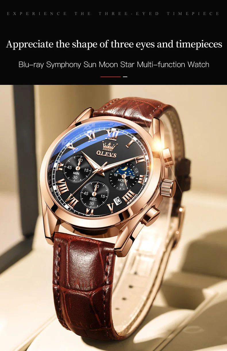 OLEVS Brand Men's Watches Chronograph Waterproof Calendar Quartz Male Watch Sports Leather strap Stainless steel Luxury Original