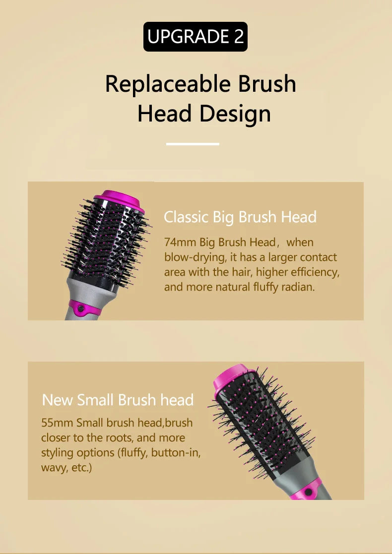 1200W Hair Dryer Hot Air Brush Styler Replaceable Head Straightener Curler Comb Roller One Step Electric Ion Blow Dryer Brush