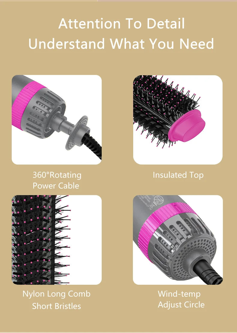 1200W Hair Dryer Hot Air Brush Styler Replaceable Head Straightener Curler Comb Roller One Step Electric Ion Blow Dryer Brush