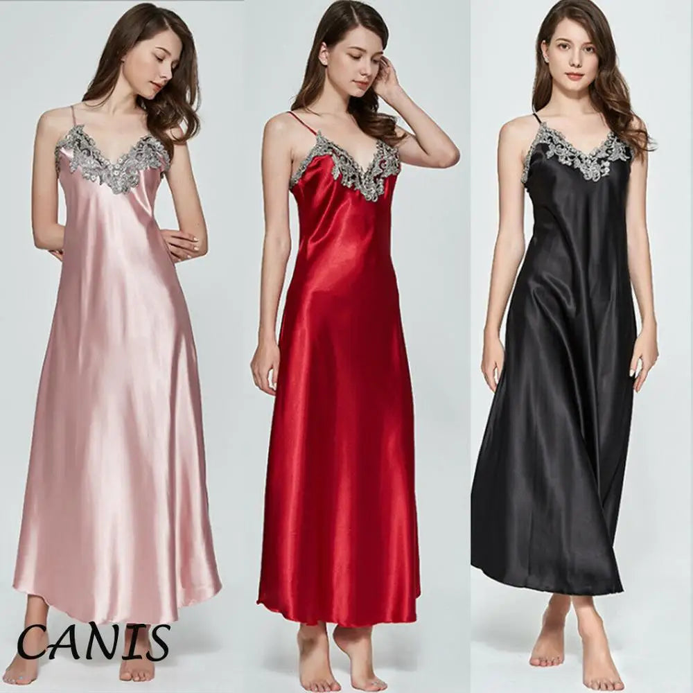 Women Oversize Satin V-Neck Long Nightdress Silk Lace Sexy Lingerie Nightgown Sleepwear Robe Dress Babydoll Underwear