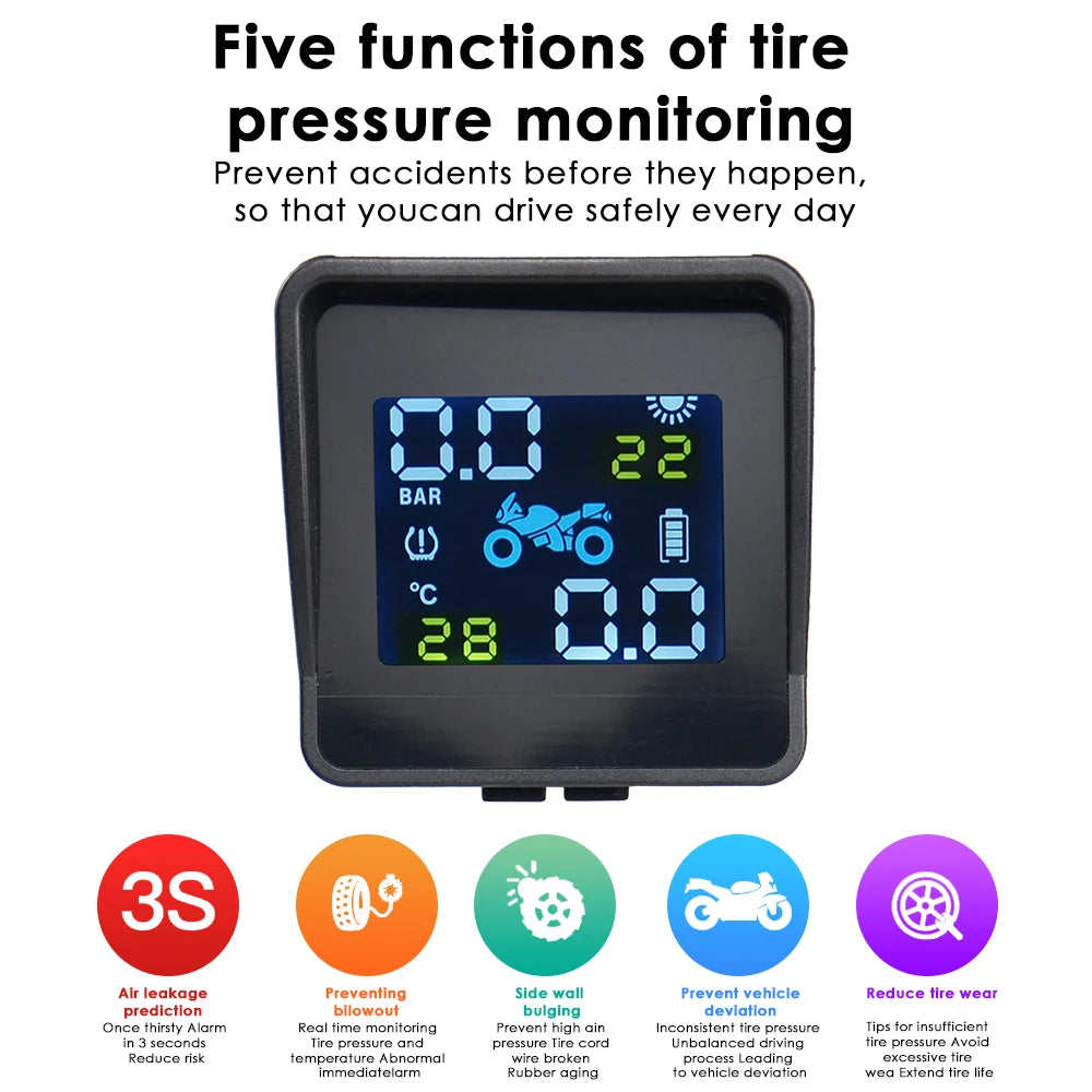 Best quality USB Solar Charging Motorcycle TPMS Motor Tire Pressure Tyre Temperature Monitoring Alarm System with 2 External