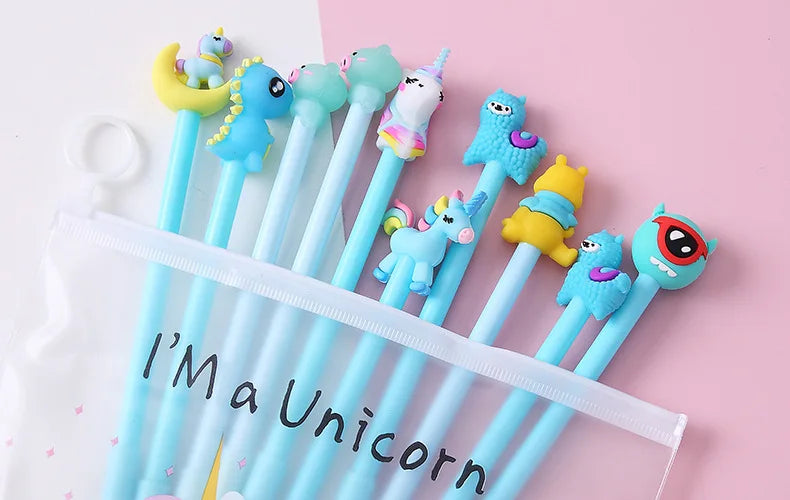 10Pcs / Set Cute Gel Pen Kawaii Random Pattern Unicorn Pony 0.5m Black Gel Ink Pen School Stationery Office Suppliers Gifts