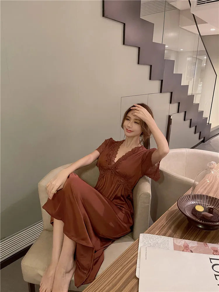 Summer Satin Night Dress Women Sleepwear With Bras Long Lace Nightgown Short Sleeve Sleepdress Loose Intimate Lingerie Nightwear