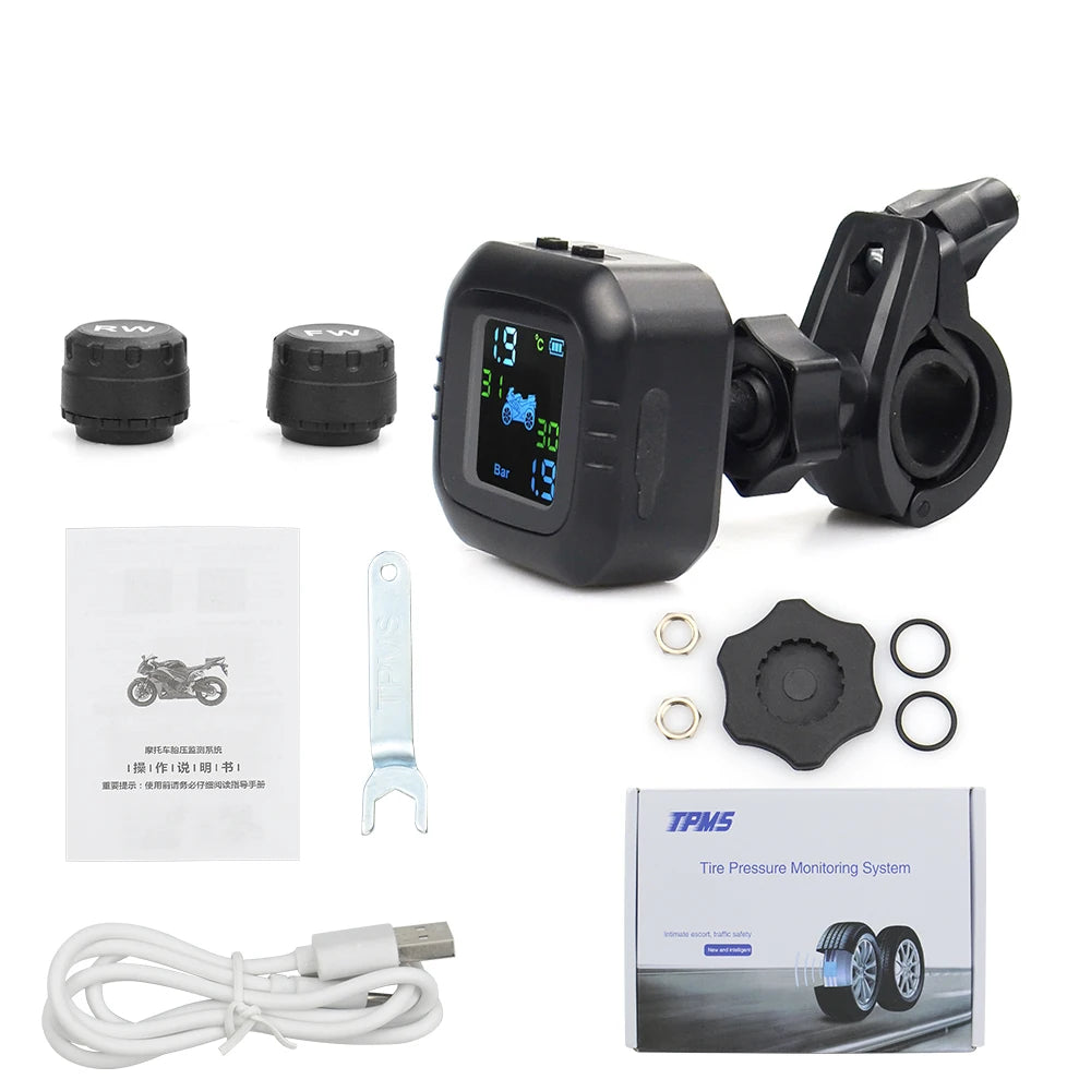 Best quality USB Solar Charging Motorcycle TPMS Motor Tire Pressure Tyre Temperature Monitoring Alarm System with 2 External