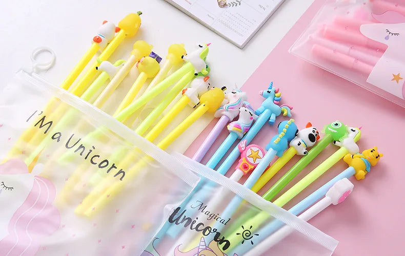 10Pcs / Set Cute Gel Pen Kawaii Random Pattern Unicorn Pony 0.5m Black Gel Ink Pen School Stationery Office Suppliers Gifts