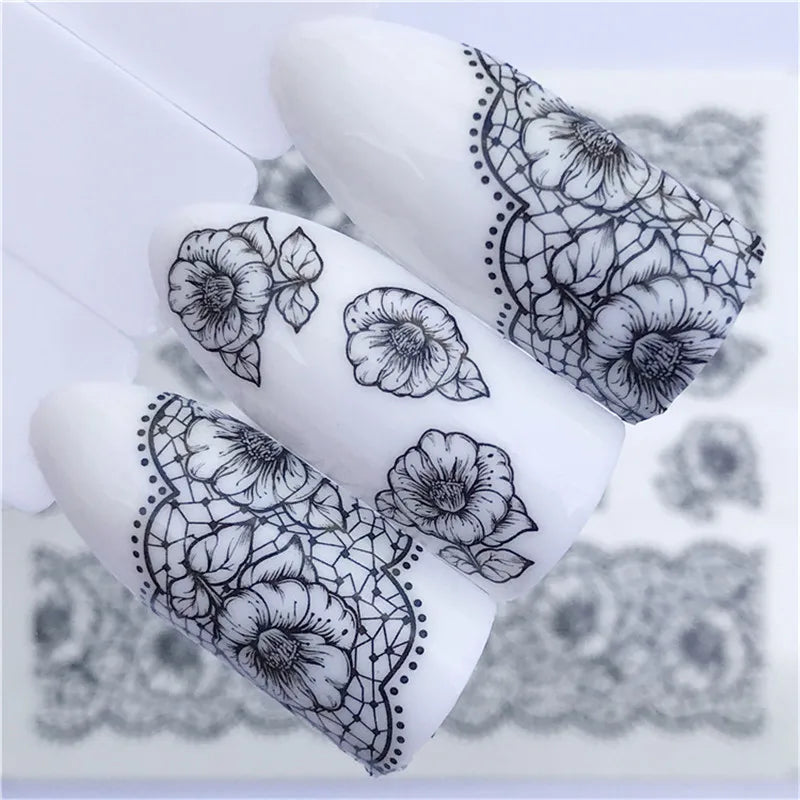 1 Sheet Nail Art Water Decals Black Lace Flower Animals Pattern Nail Transfer Sticker Slider DIY Nail Stickers Art Decoration