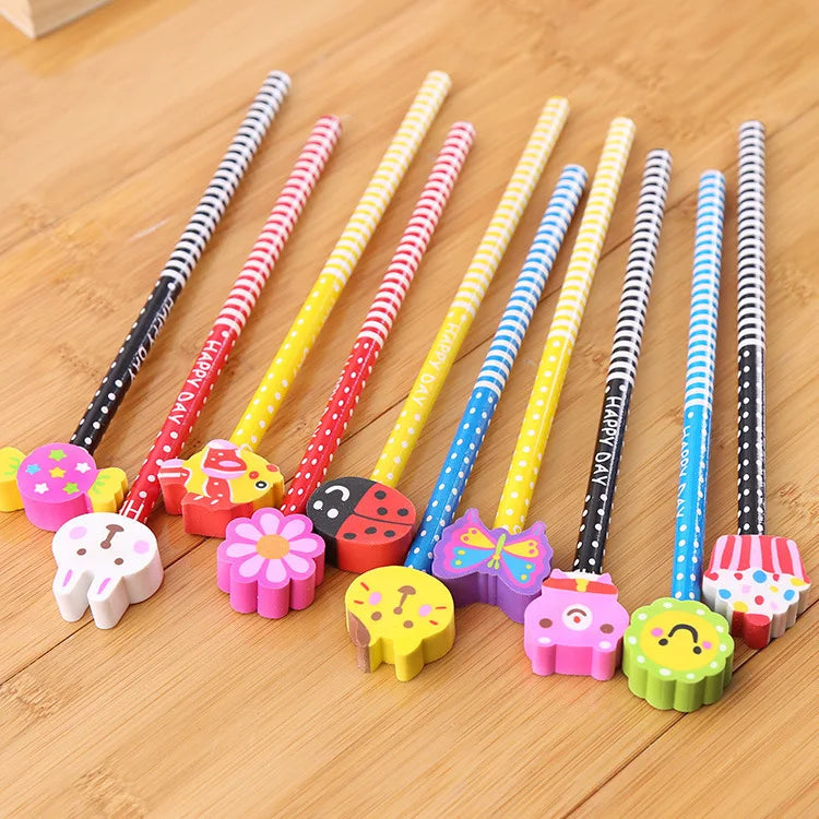 20Pcs/Lot Cute Cartoon HB Pencils With Kawaii Eraser Head for Children's Stationery Kids Drawing Writing Pen School Supplies